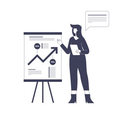 Woman speaks at business meeting and shows presentation with data analysis of company growth. Businesswoman teaching colleagues at training. Vector graphic illustration isolated with character design