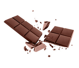Bar of dark chocolate crushed to pieces in the air, isolated on a white background