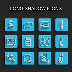 Set line Dental search, Tooth whitening concept, pliers, card, drill, Painkiller tablet, and icon. Vector
