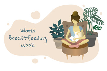 World Breastfeeding Week. The girl is sitting on a chair and feeding the baby with breast milk. Vector illustration of a brochure, poster, website - Powered by Adobe