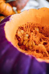 Pumpkin decoration with fresh flowers