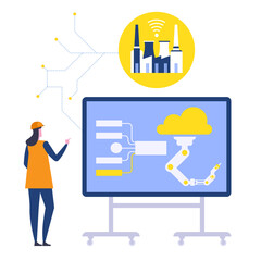 Automation and wireless technologies in industry concept. Woman stands at dashboard and controls robots through display, remote work in factory. Vector character illustration isolated on background