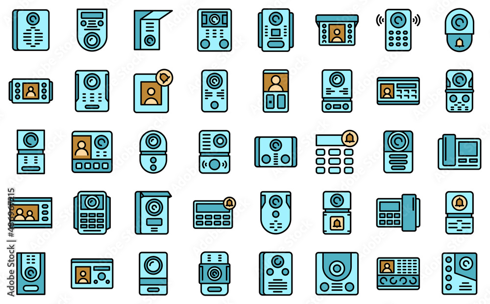 Poster video intercom icons set outline vector. door phone. alarm call