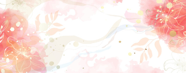 Luxurious golden wallpaper. Banner with lily flowers. Watercolor pink, blue, lilac spots on a white background. Brilliant flowers and twigs. vector file.