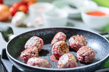 Meatballs in tomato sauce with basil on top. Bright background with ingredients in blurry background. This meal is called Kofte in Turkey and Cufte in Balkans. International meatball day.