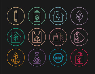 Set line Shopping bag with recycle, Tag leaf, House and lightning, Plastic, Eco friendly house, Fluorescent lamp, Factory and nature battery icon. Vector