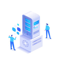 Man interacts with abstract computer for data analysis. Engineer maintains database and working in server hardware room. Man using computing machine. Vector illustration in isometric view design