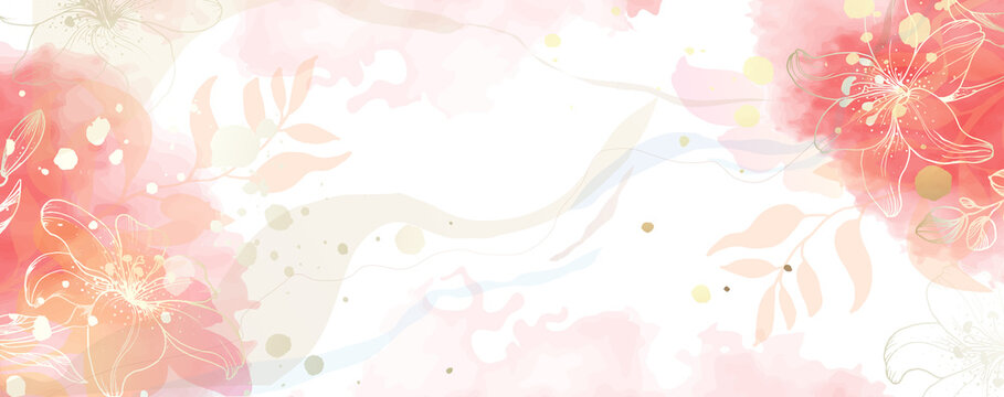 Luxurious golden wallpaper. Banner with lily flowers. Watercolor pink, blue, lilac spots on a white background. Brilliant flowers and twigs. vector file.