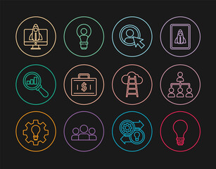 Set line Light bulb with concept of idea, Create account screen, Briefcase and money, Magnifying glass analysis, Startup project, Stair finish flag and Head lamp icon. Vector