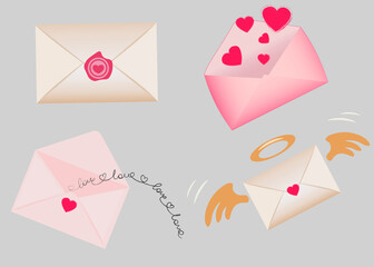 Vector set of the envelopes with hearts