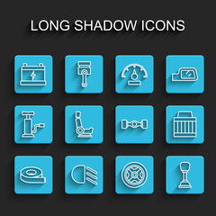 Set line Scotch tape, High beam, Car battery, wheel, Gear shifter, seat, air filter and Chassis car icon. Vector