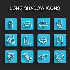 Set line Gong, Chest expander, Fitness shaker, Whistle, Tennis ball, Sport boxing shoes, Jump rope and Punch gloves icon. Vector