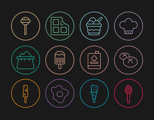 Set line Honey dipper stick, Bread loaf, Ice cream in bowl, Bag of flour, Lollipop, Cookbook and Chocolate bar icon. Vector