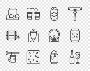 Set line Signboard with glass of beer, Beer bottle and, can, bubbles, Cold, brewing process, foam and icon. Vector