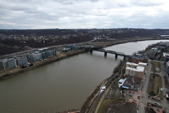 Aerial image of Monongahela River in Pittsburgh, PA