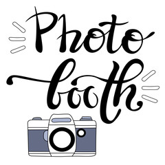 photo booth, inspiring lettering by hand with brush. an antique camera, for photographer, photo for memory. Doodle style. calligraphy on white background. vector elements.