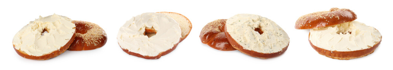 Set with delicious bagels with cream cheese on white background. Banner design