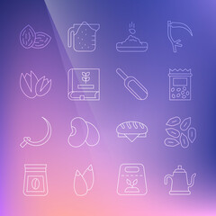Set line Watering can, Seed, Pack full of seeds of plant, Book about, Pistachio nuts, and Scoop flour icon. Vector