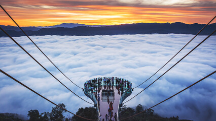 Betong, Yala, Thailand  2020: Talay Mok Aiyoeweng skywalk fog viewpoint there are tourist visited sea of mist in the morning