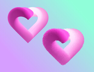 Two extraordinary beautiful hearts for Valentine's Day: one is fluffy and the other is twisted. Vector graphics, gradient.