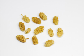 Sun dried mulberry standing on white background. Natural organic dried mulberry. Dry mulberries...