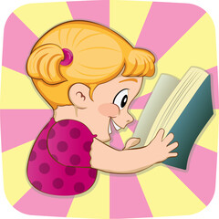 A girl with a book in a pink shirt. Positive emotions, Laugh. Cartoon character vector illustration isolated on coloured background.