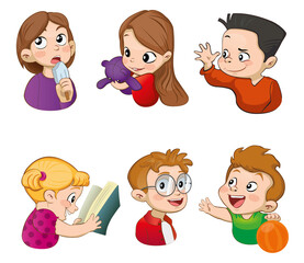 Kids avatar collection. Positive emotions, Laugh. Cute children, boys and girls faces, Colorful user pic icons. Flat design style cartoon illustration isolated on white background.