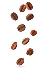 Many roasted coffee beans flying on white background