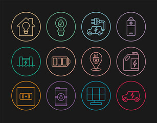 Set line Electric car, Eco fuel canister, Battery, Hydroelectric dam, Smart house and light bulb, plug and Light with leaf icon. Vector