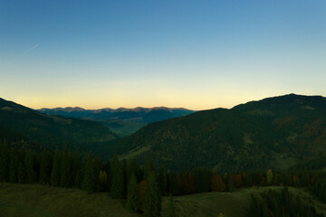 Beautiful mountains and forest in morning. Drone photography