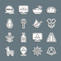 Set line Poncho, Chichen Itza in Mayan, Nachos bowl, Maracas, Avocado fruit, Hola and Hot chili pepper pod icon. Vector © vector_v
