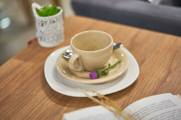 Cup on a desk with thistle flower and open book.