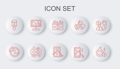 Set line Money bomb dollar crisis, Dollar rate decrease, Burning bill, Mobile stock trading, Drop crude oil price, Global economic news, and icon. Vector