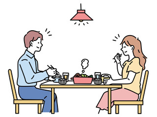 ご飯を食べるイラスト(美味しい、食事、夕食、家族団欒、夫婦、幸せ、家庭、家族) Illustration of eating.Delicious, food, dinner, family reunion, husband and wife, happiness,  family.