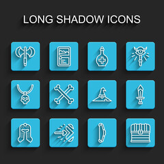Set line Medieval helmet, Magic arrow, poleaxe, bow, Chest, Crossed human bones, Sword for game and Witch hat icon. Vector