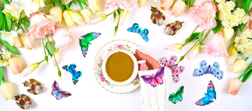 Hello Springtime relaxing tea break concept flat with spring flowers and butterflies. Sized to fit popular social media and web banner.