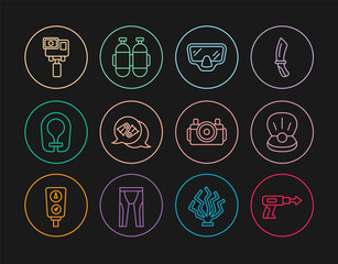 Set line Fishing harpoon, Pearl, Diving mask, Flippers for swimming, Life jacket, Action extreme camera, Photo diver and Aqualung icon. Vector
