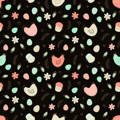 Chicken and eggs easter seamless pattern. Cute cartoon illustration. Design for Easter, packaging paper, textiles.