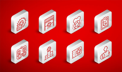 Set line Buy football player, Football goal with, Soccer, Planning strategy concept, or soccer ticket, Award over sports winner podium and betting money icon. Vector