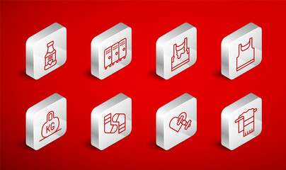 Set line Towel on hanger, Locker or changing room, Sweaty sleeveless t-shirt, Sleeveless, Dumbbell with heart, Vitamins, Socks and Weight icon. Vector