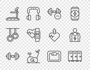 Set line Dumbbell, Locker or changing room, Stationary bicycle, Treadmill machine, Smart watch with heart, Bathroom scales and Bodybuilder icon. Vector