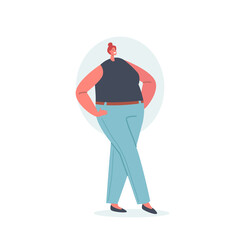Woman with Round Body Shape, Female Character Apple Figure Type with Big Belly and Buttocks, Girl Posing in Blue Jeans