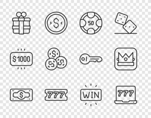 Set line Stacks paper money cash, Laptop and slot machine, Casino chips, Lottery ticket, Gift box, with dollar, win and King playing card icon. Vector