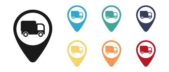 Truck, vector icon set, label on the map. Set of multicolored icons. Illustration