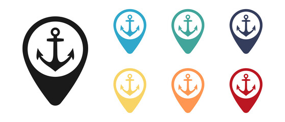 Anchor, boat, ship concept label on the map. Set of multicolored icons. Illustratione