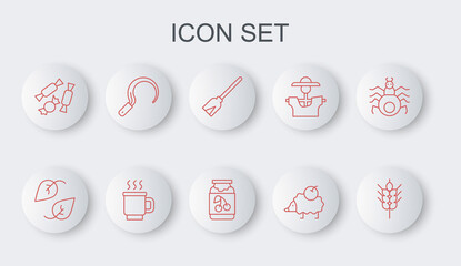 Set line Wheat, Leaf, Handle broom, Hedgehog, Candy, Sickle, Cup of tea and Jam jar icon. Vector