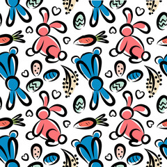 seamless background of rabbits and eggs and carrots for Easter holiday on white background