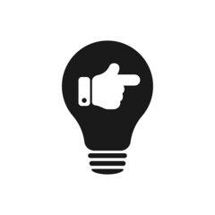 A hand with a finger indicates the direction. Idea lamp icon. Flat style - stock vector