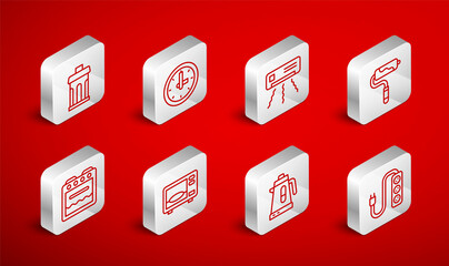 Set line Electric extension, Clock, Air conditioner, Paint roller brush, kettle, Trash can, Microwave oven and Oven icon. Vector