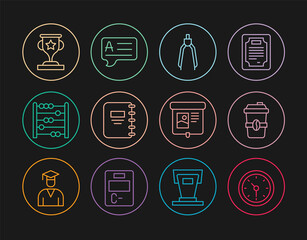 Set line Clock, Coffee cup to go, Drawing compass, Notebook, Abacus, Award, Projection screen and Speech bubbles with Answer icon. Vector